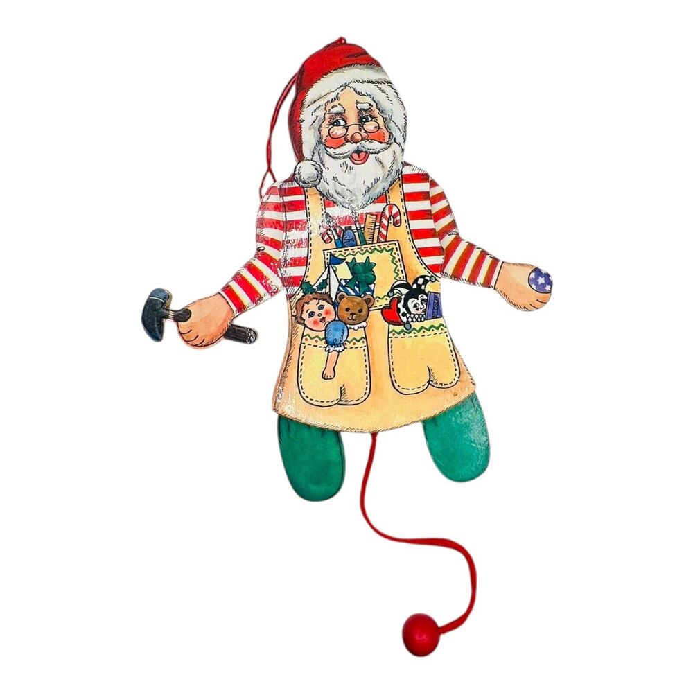 Vintage Wooden Stumpy Santa Pull String Jumping Jack Christmas Ornament Toy READ
